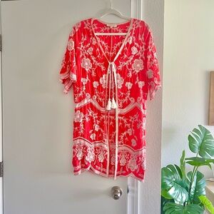 Solitaire Tunic Top Wrap Coral Pink White Embroidered Bohemian Boho Chic Coverup